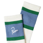Pair of socks with blue, green, and white stripes on a light gray background
