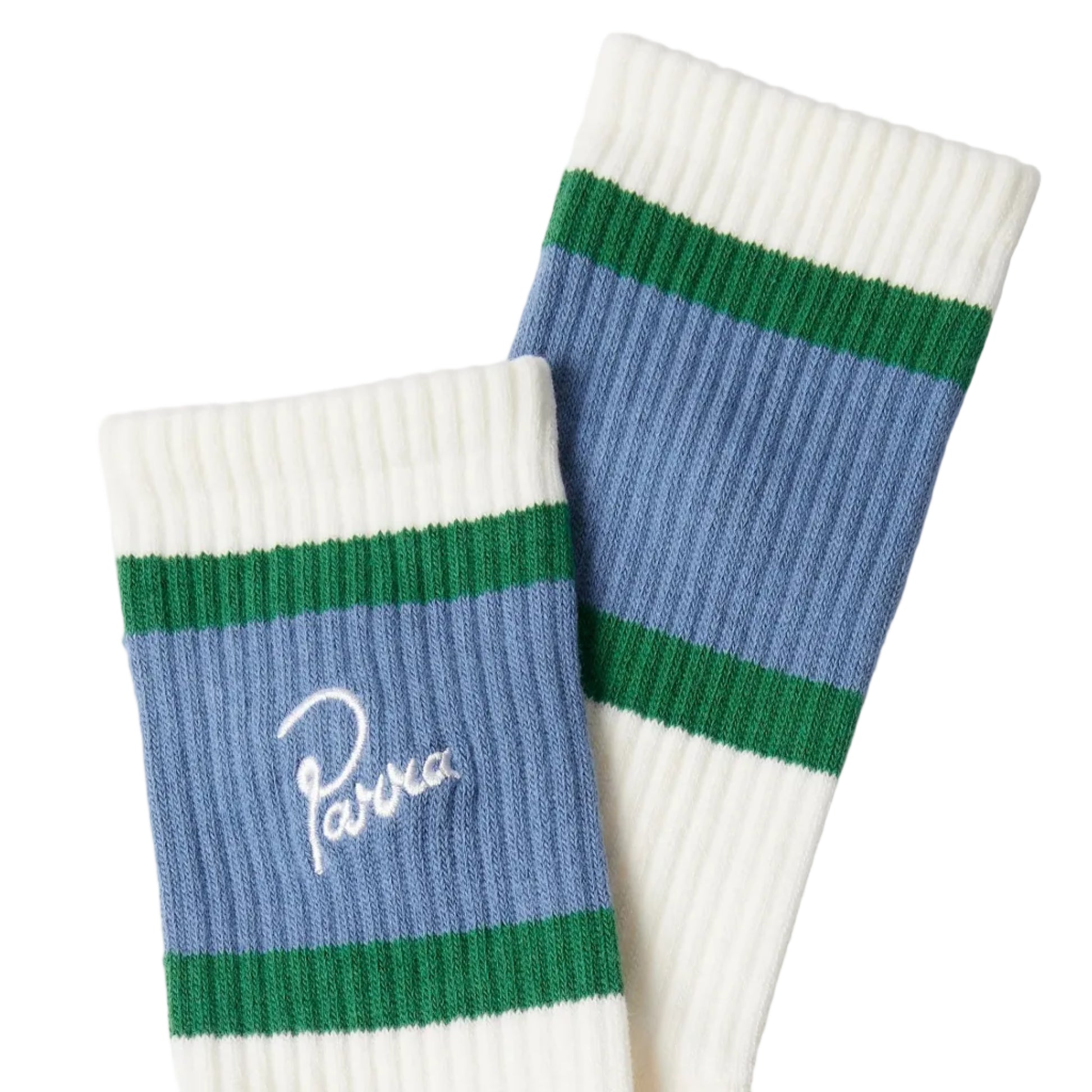 Pair of socks with blue, green, and white stripes on a light gray background