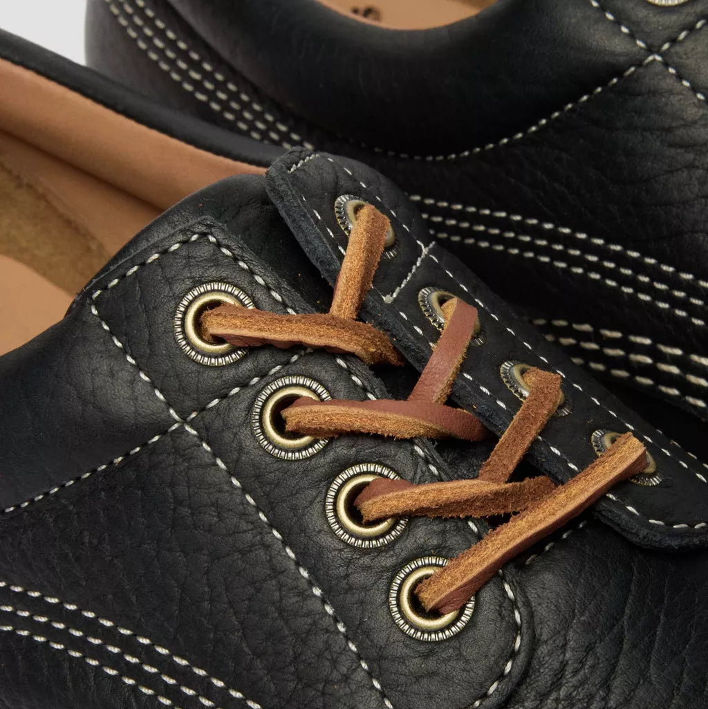 Close-up of black leather shoes with brown laces and gold eyelets.