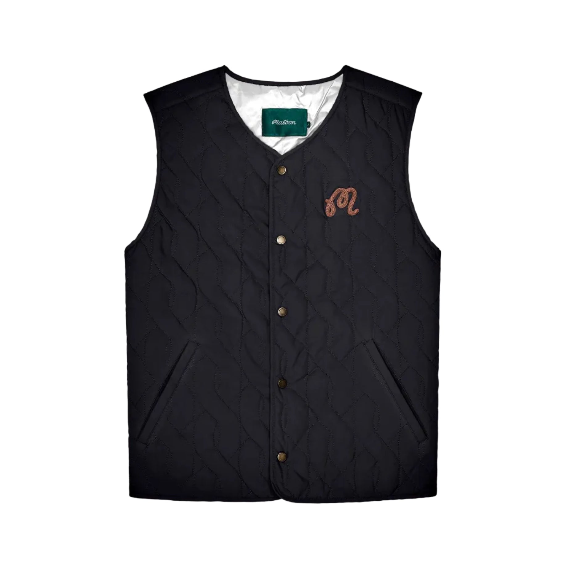 Black vest with a monogram on a white background