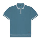 Blue polo shirt with white piping on a white background