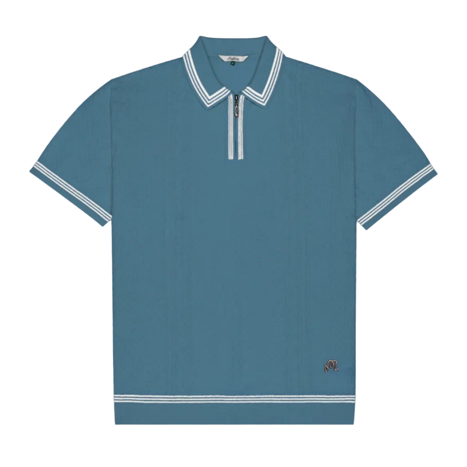 Blue polo shirt with white piping on a white background