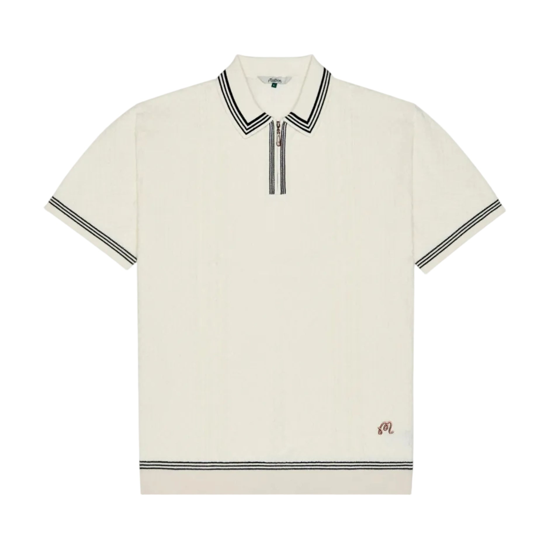 White polo shirt with black trim on a white background