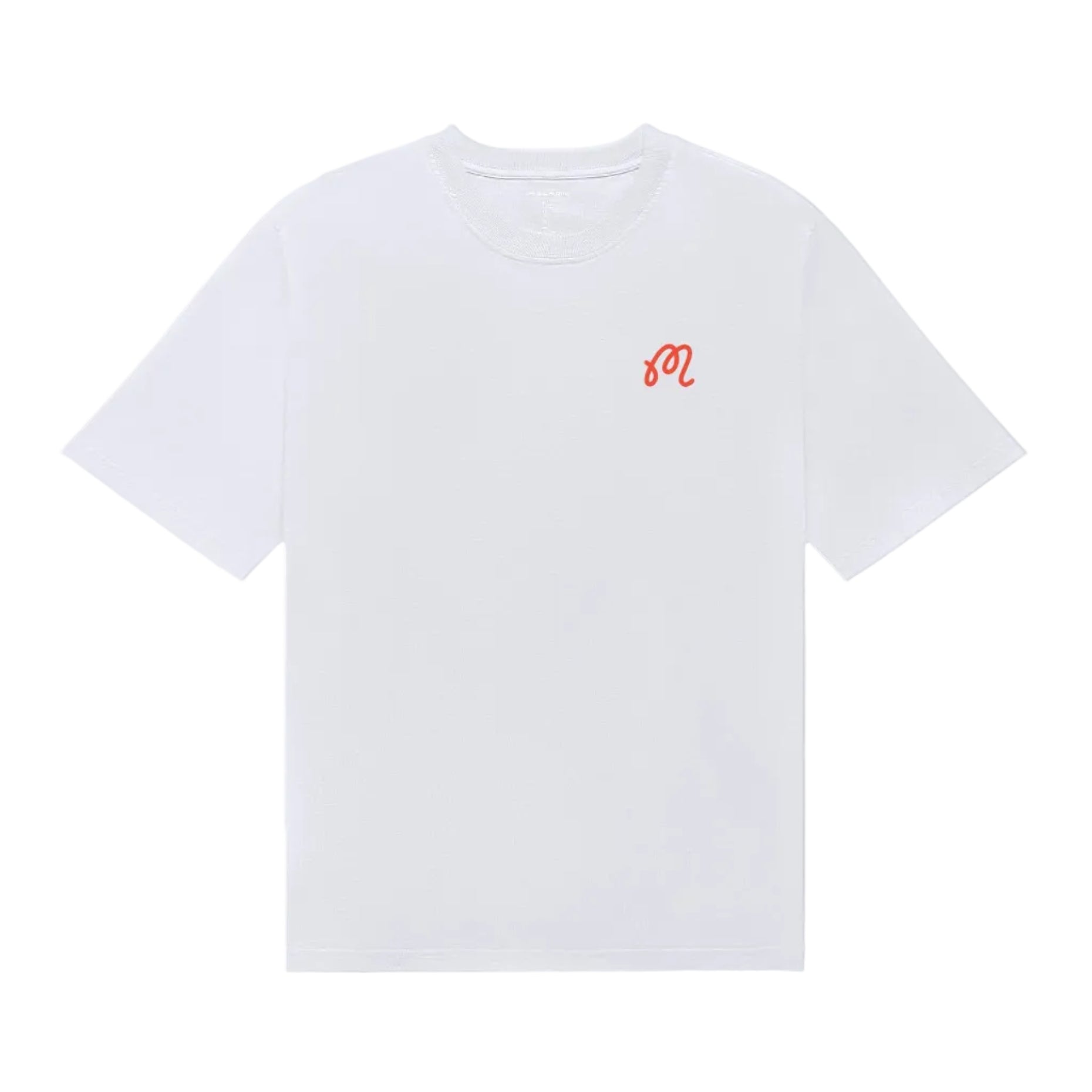 White t-shirt with a red logo on the chest against a white background