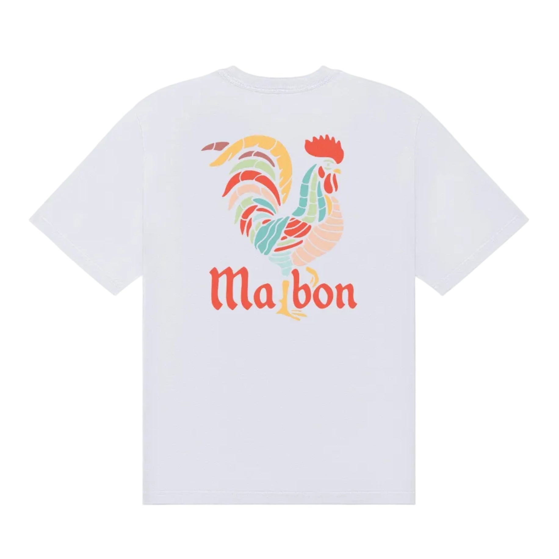 White t-shirt with colorful rooster design and 'Malbon' text on a white background