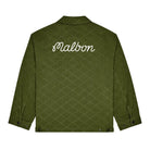 Back of a green jacket with a 'Malbon' logo across the back on a white background