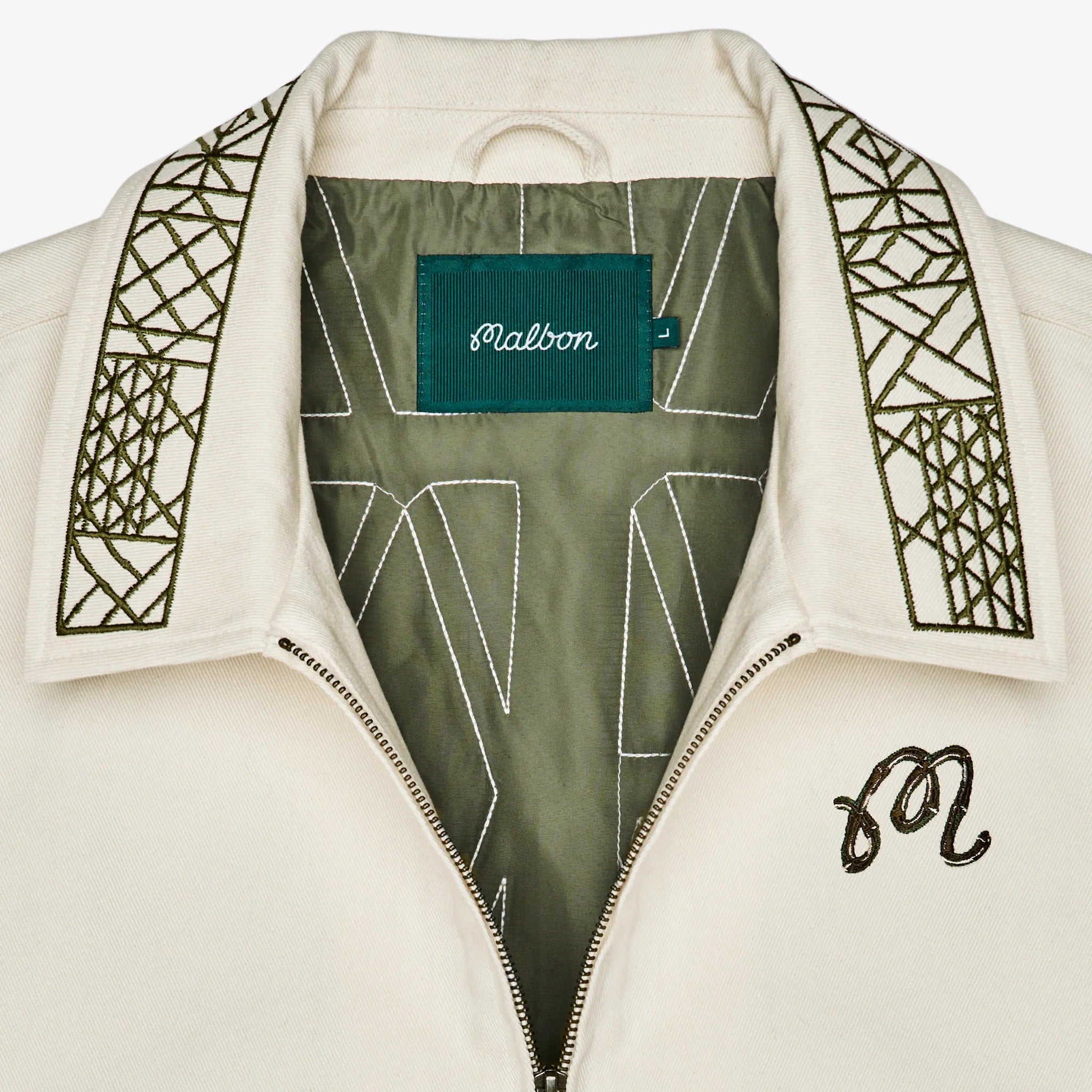 Close-up of a white jacket with geometric patterns and a brand label on a white background