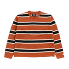Striped sweater with orange, black, and white stripes on a white background