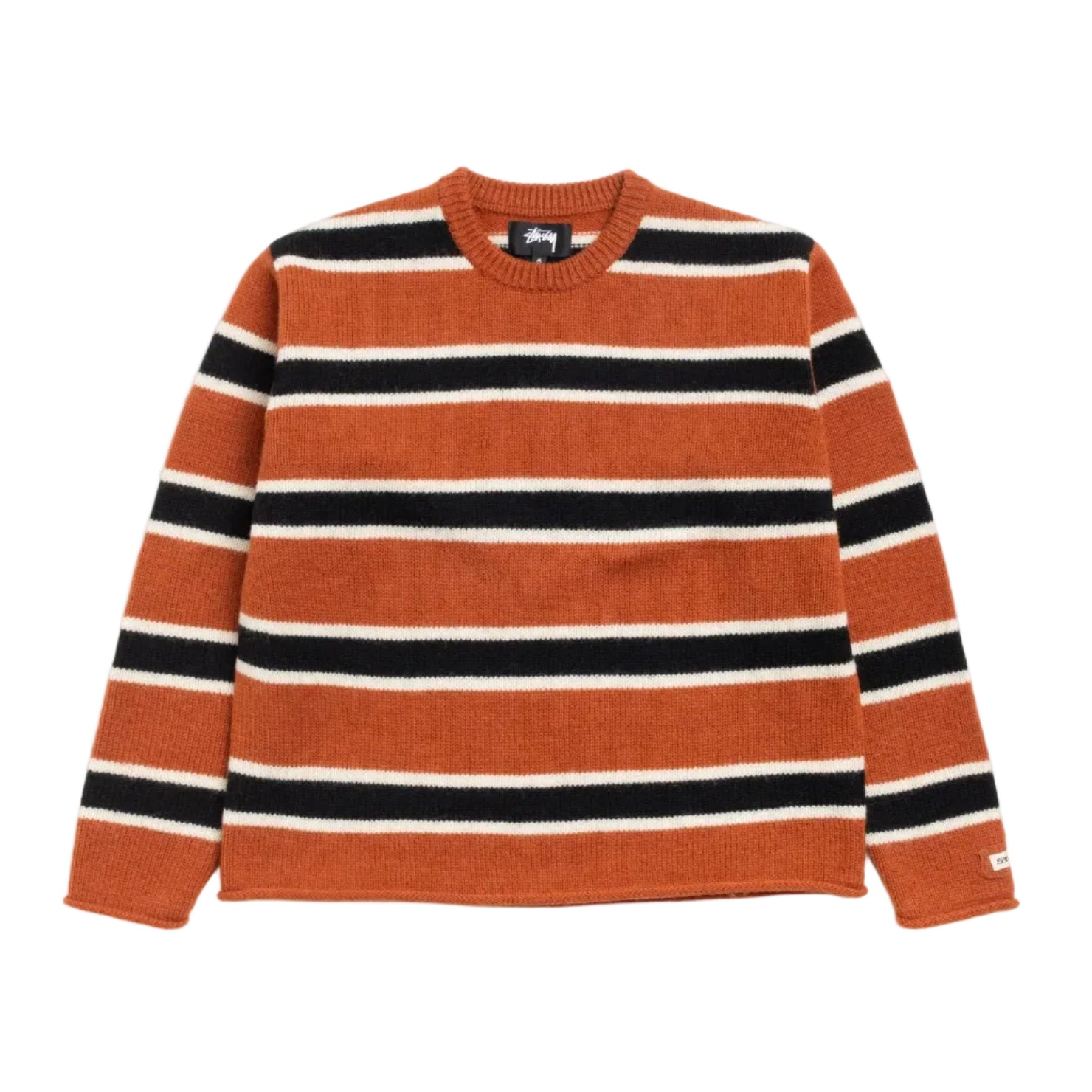 Striped sweater with orange, black, and white stripes on a white background