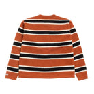Striped sweater with orange, black, and white stripes on a white background