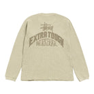 Beige long-sleeve shirt with text on a white background