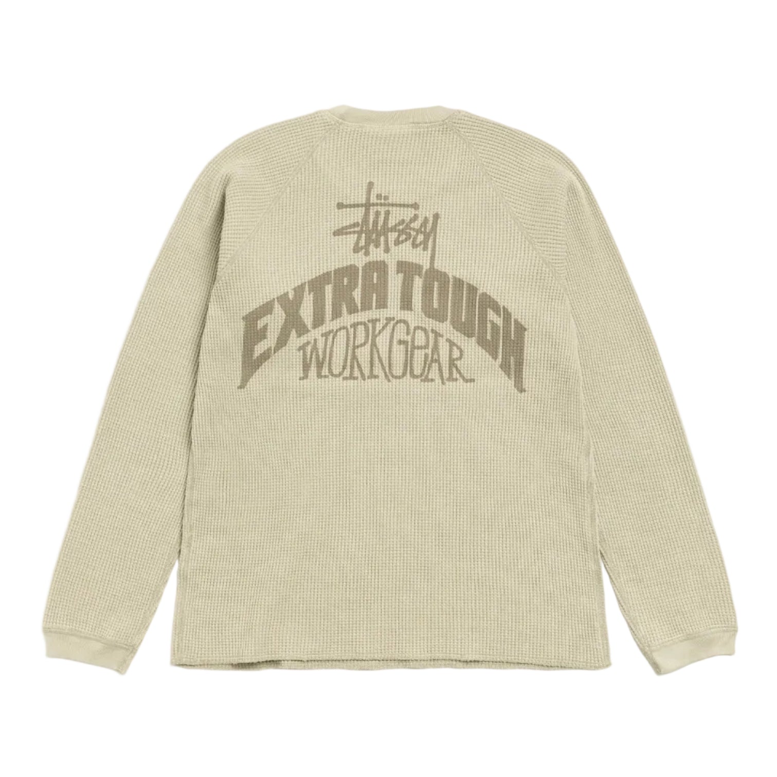 Beige long-sleeve shirt with text on a white background