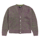 Purple cardigan with a textured pattern on a white background