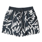 Black board shorts with an allover bird print in white on a white background