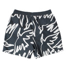 Back view of a lack board shorts with an allover bird print in white on a white background