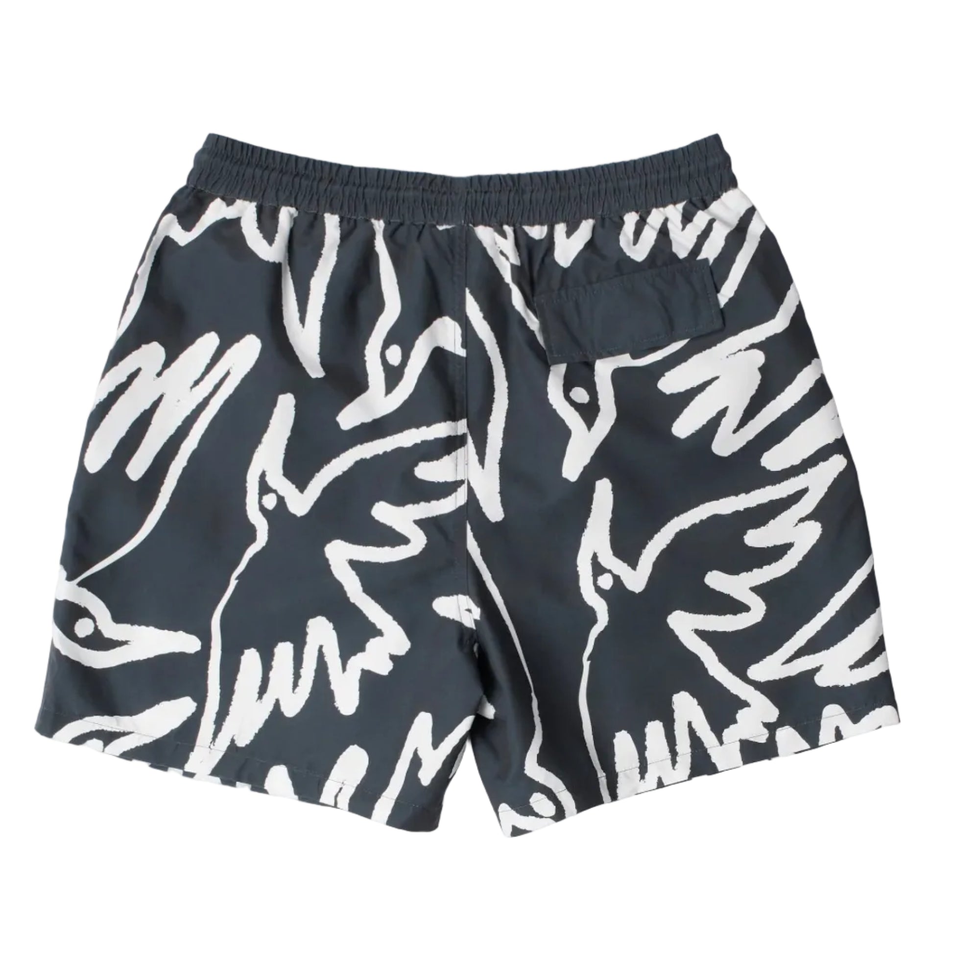 Back view of a lack board shorts with an allover bird print in white on a white background