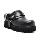 Black leather mule shoe with chunky sole on a white background