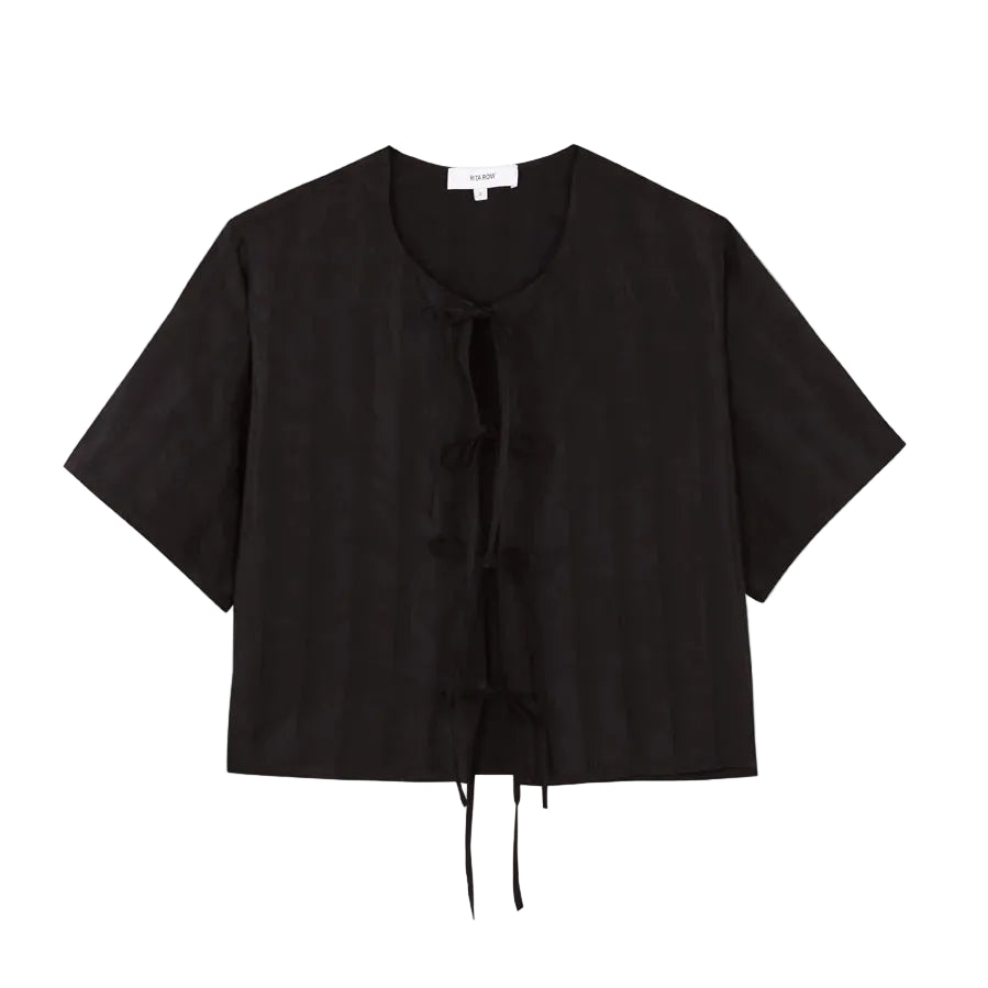 Black short-sleeve top on a white background