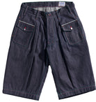 Dark blue denim shorts on a white background