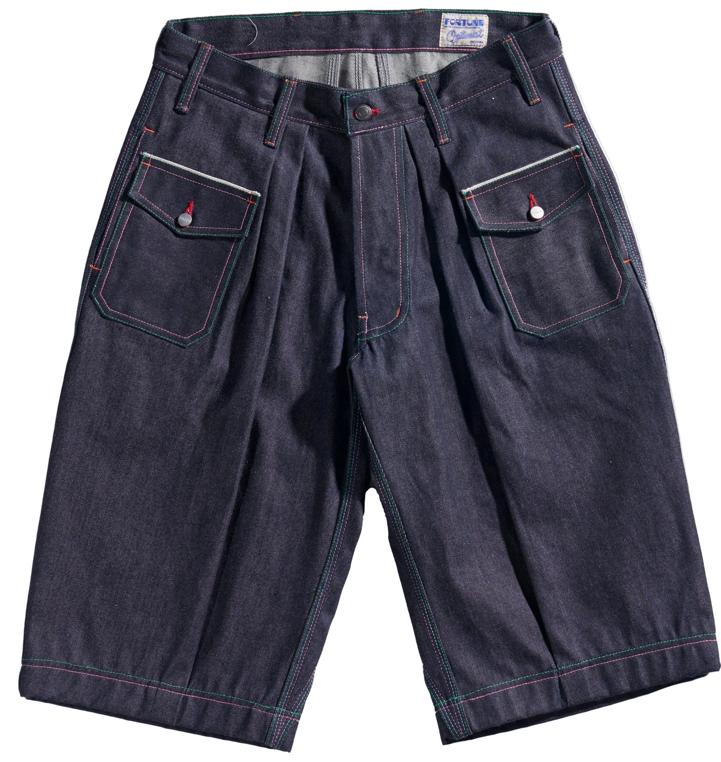 Dark blue denim shorts on a white background