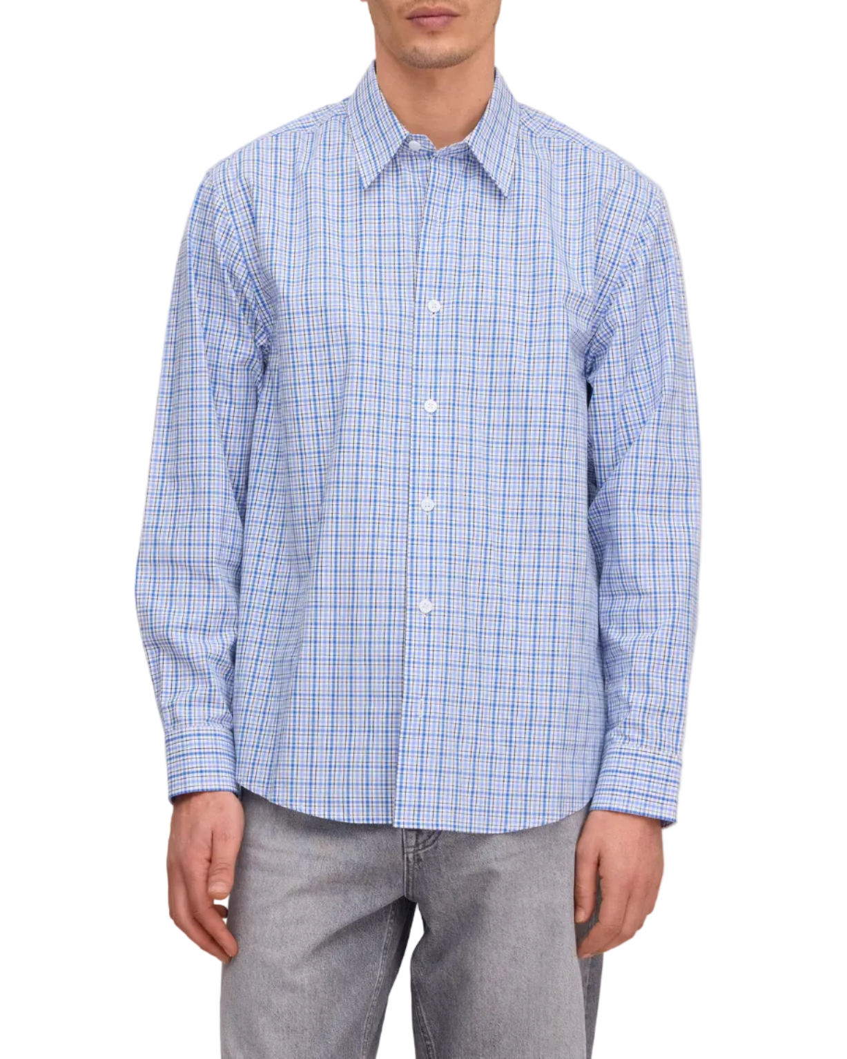 Man wearing a blue checkered shirt against a white background