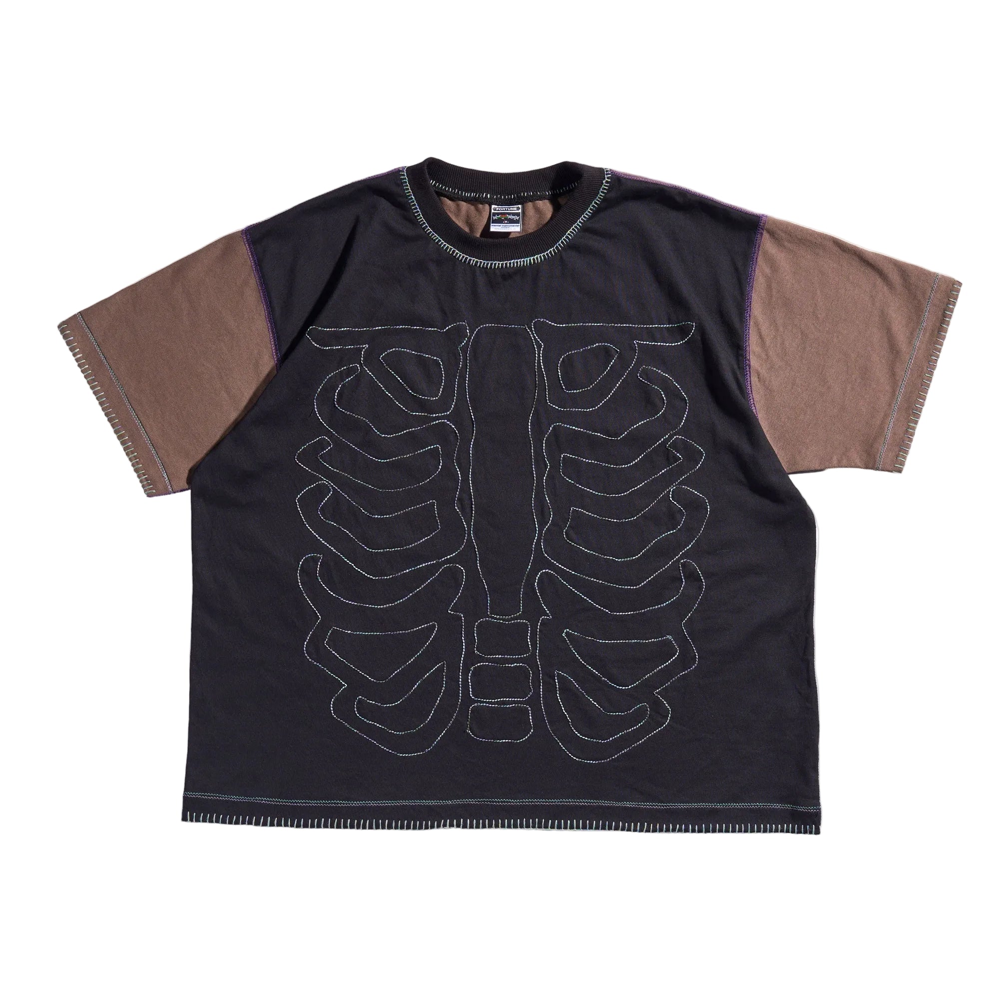 Black t-shirt with brown sleeves featuring a ribcage design on a white background