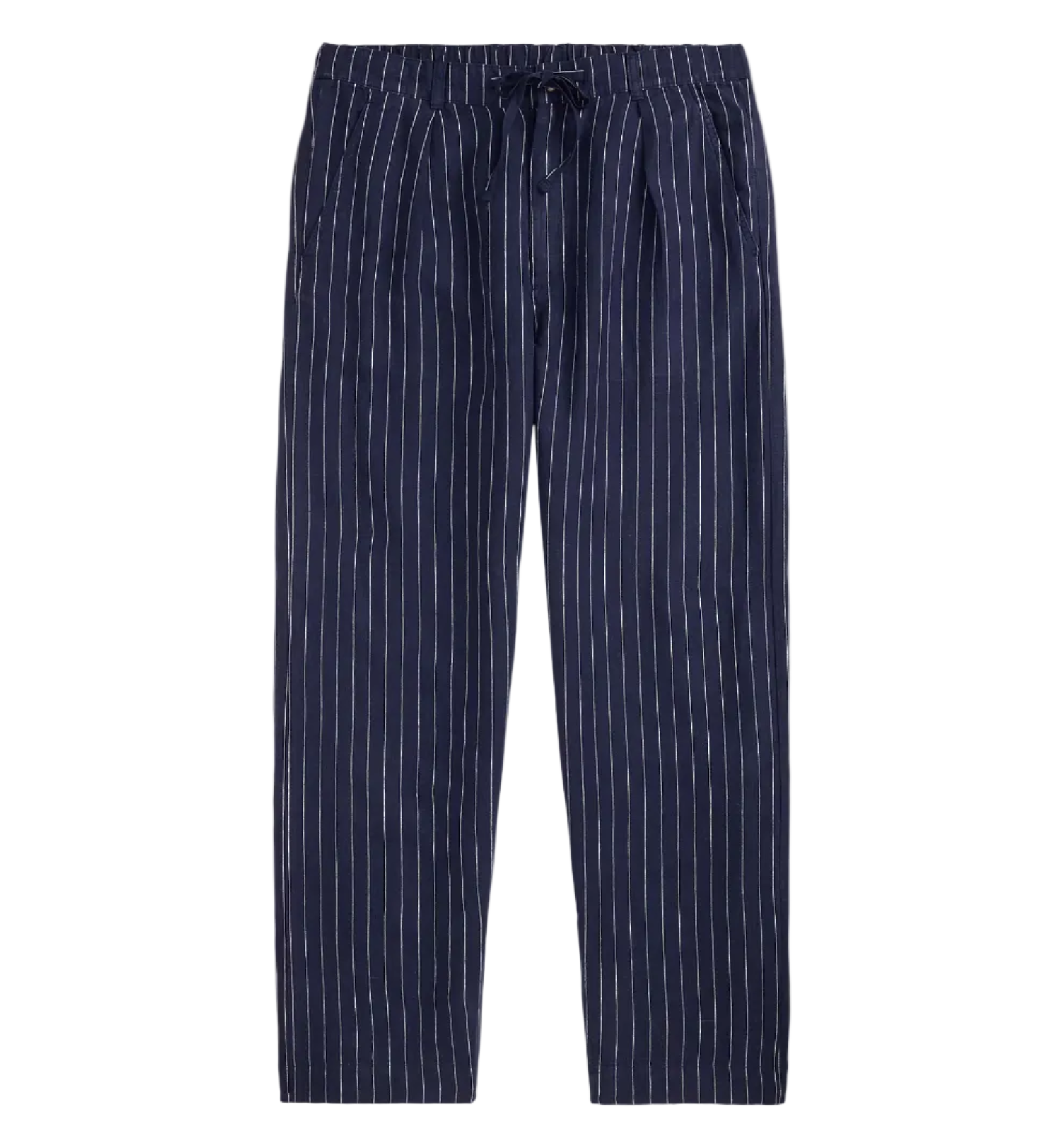 Navy blue striped pants on a white background