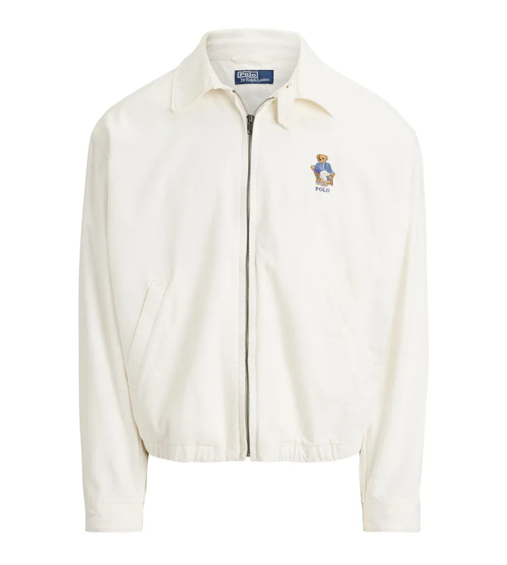 White jacket with an embroidered bear on the chest on a white background