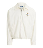 White jacket with an embroidered bear on the chest on a white background
