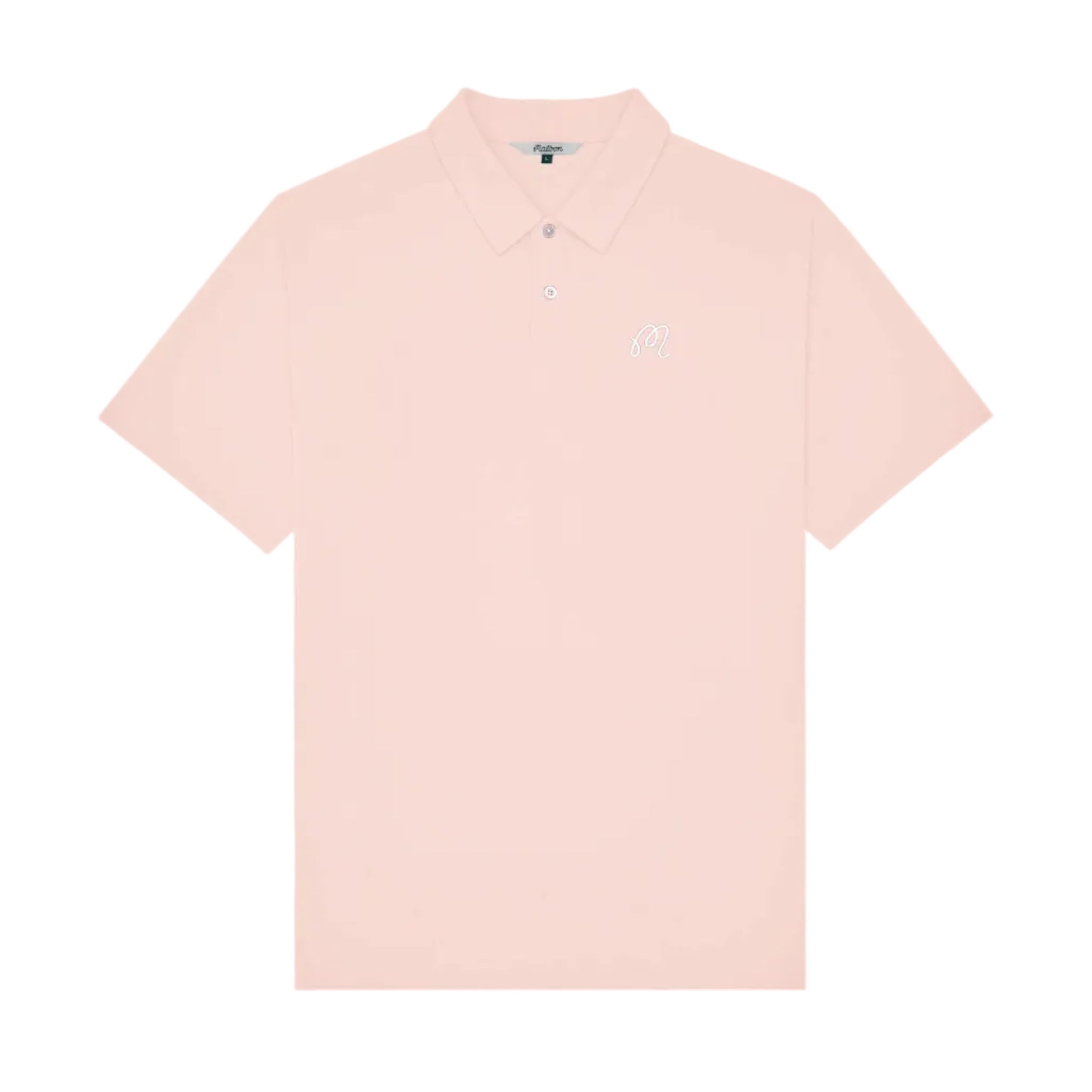 Pink polo shirt with an 'M' logo at the chest on a white background