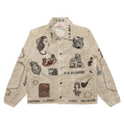 A beige button-up shirt jacket featuring an all-over graphic print with vintage illustrations, text names, and distressed seams, laid flat on a white background.
