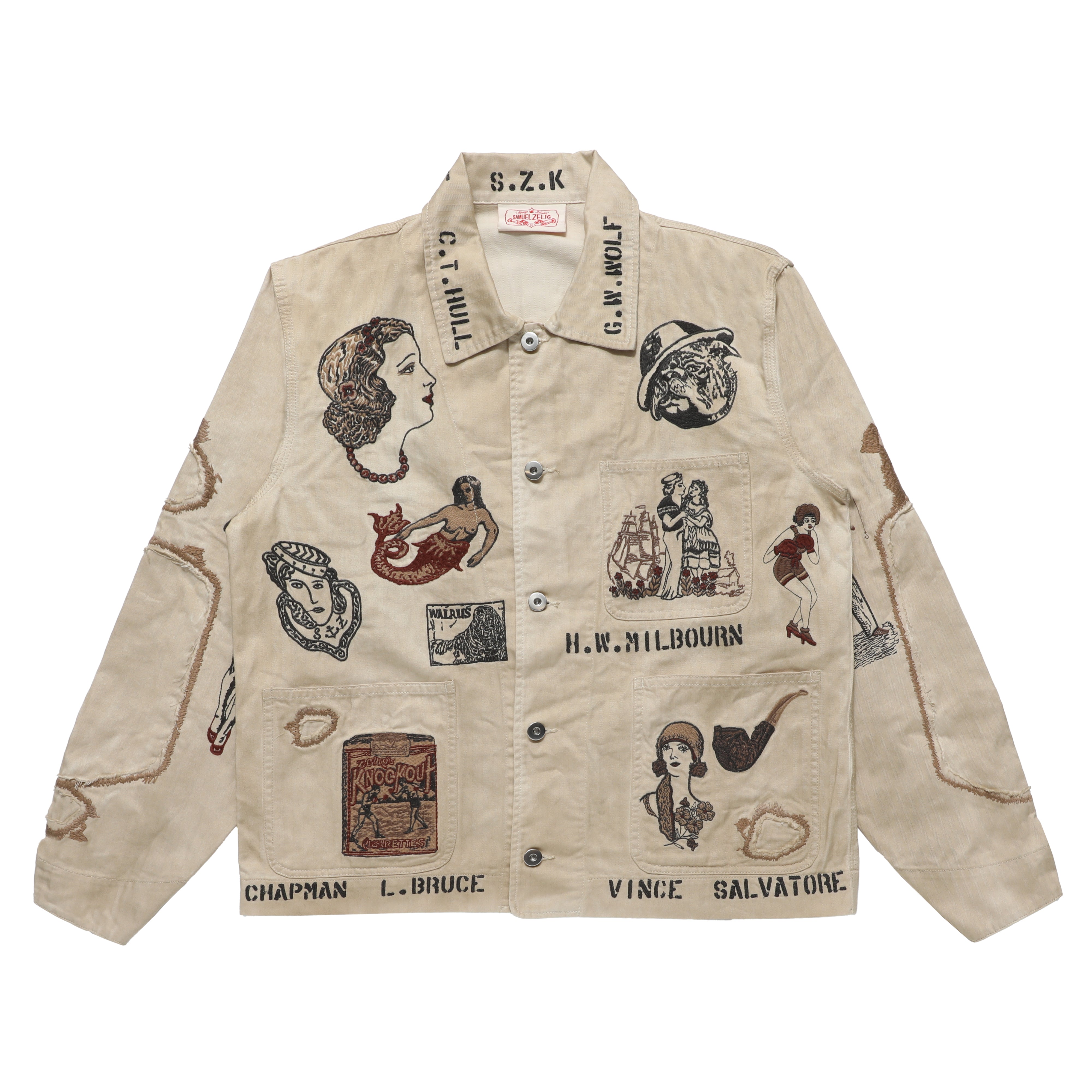 A beige button-up shirt jacket featuring an all-over graphic print with vintage illustrations, text names, and distressed seams, laid flat on a white background.