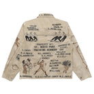 A beige long-sleeve jacket shown from the back, featuring black printed text and illustrations related to boxing legends and St. Denis Port Training Academy.