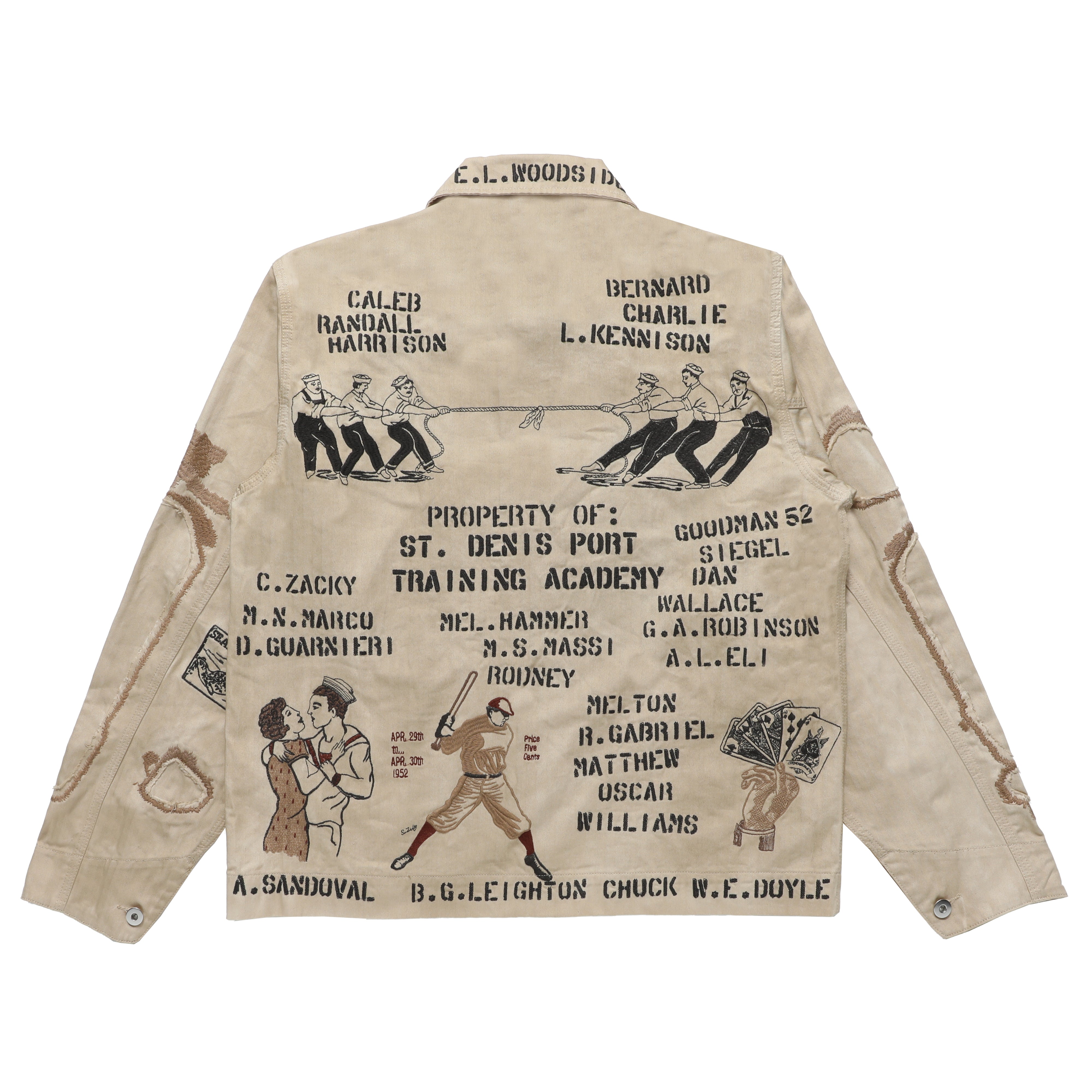 A beige long-sleeve jacket shown from the back, featuring black printed text and illustrations related to boxing legends and St. Denis Port Training Academy.