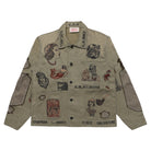 A faded olive button-up shirt jacket with a collage of vintage-style illustrations and text prints, including 'H.W. MILBOURN'