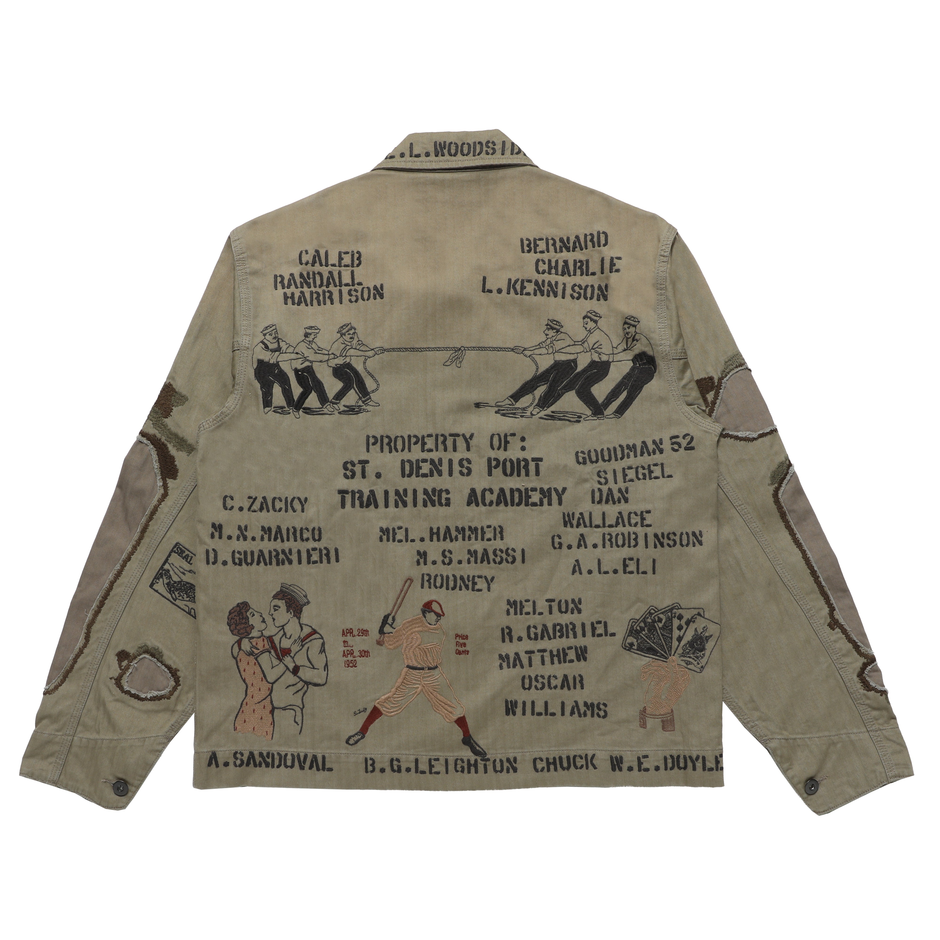 The back of a beige canvas jacket featuring extensive black printed graphics, text, and illustrations related to St. Denis Port Training Academy, displayed on a clean white background.