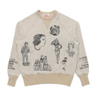 A beige crewneck sweatshirt featuring black vintage-style line art illustrations of women and men, with black text printed on both sleeves, shown flat against a white background.
