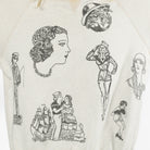 An off-white heathered sweatshirt featuring black vintage-style line art illustrations of women, men, and a hat on the front.