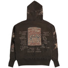 The back of a dark brown hooded sweatshirt featuring a large vintage-style 'Zelig's Knockout' boxing graphic in the center, surrounded by various text elements and illustrations in beige and muted red.