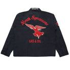 A dark navy blue jacket shown from the back, featuring a large red and white vintage-style 'North Sycamore Gas & Oil' winged figure graphic on the back, with smaller matching graphics on the sleeves.