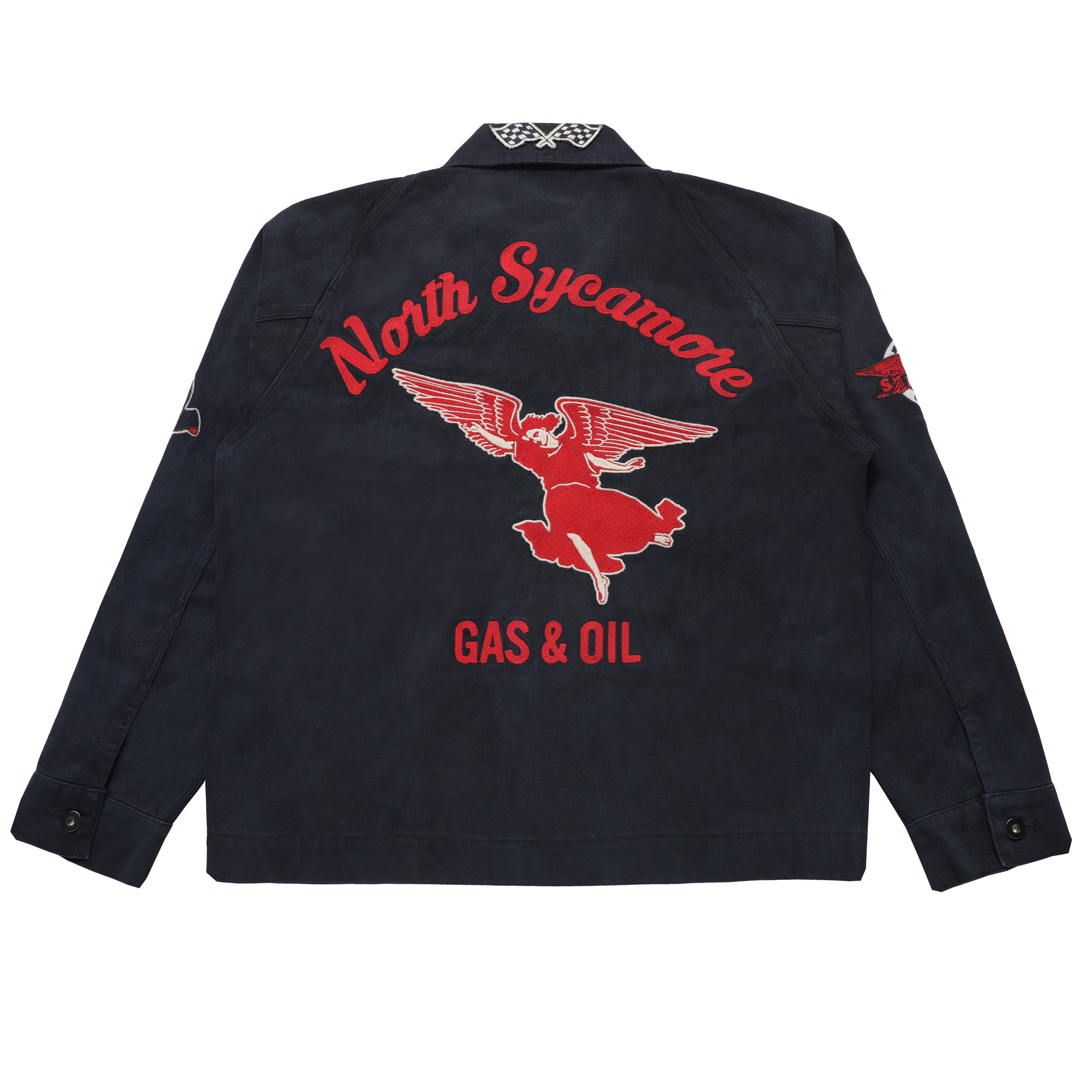 A dark navy blue jacket shown from the back, featuring a large red and white vintage-style 'North Sycamore Gas & Oil' winged figure graphic on the back, with smaller matching graphics on the sleeves.