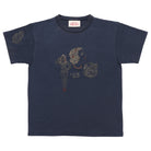 A navy blue short-sleeve t-shirt with a vintage-style graphic on the front featuring a pin-up girl, a woman's profile, and the number '52' in muted gold and red tones.