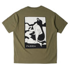 Back of an olive green short-sleeve t-shirt shown from the back, featuring a large black and white graphic print of a stylized figure with the word 'PARRA' printed below it.