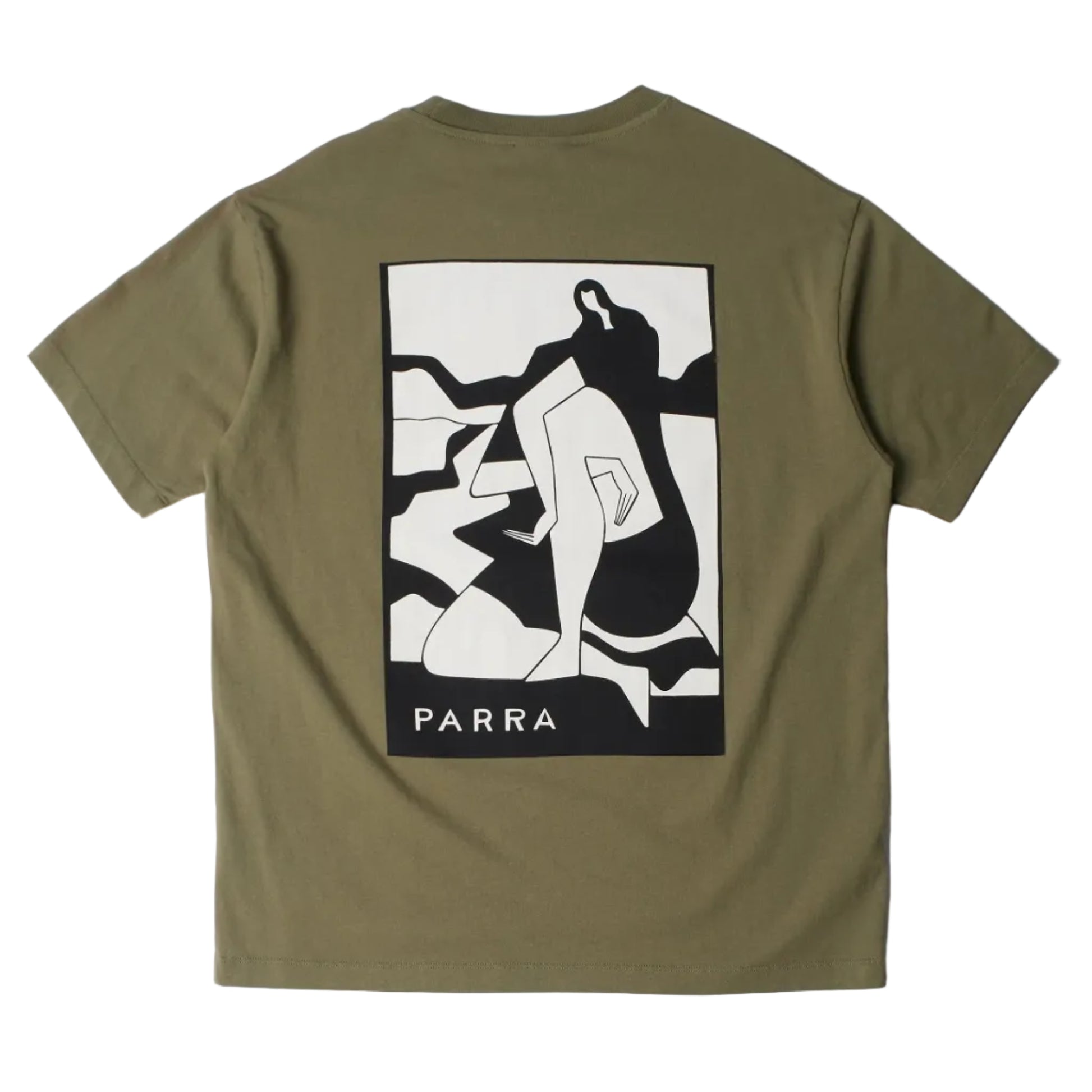 Back of an olive green short-sleeve t-shirt shown from the back, featuring a large black and white graphic print of a stylized figure with the word 'PARRA' printed below it.