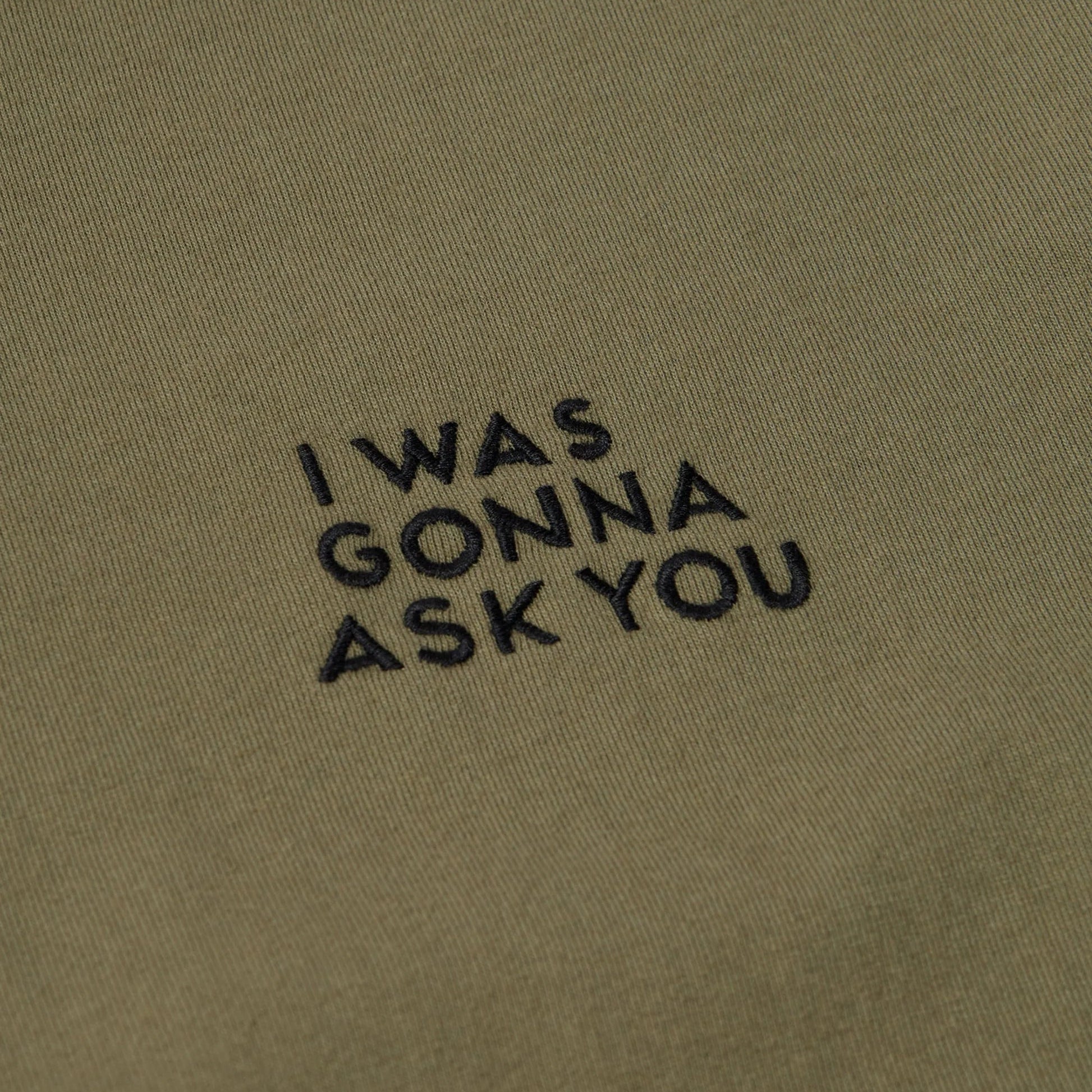 Close-up of a olive green fabric surface with black embroidered text reading 'I WAS GONNA ASK YOU'.