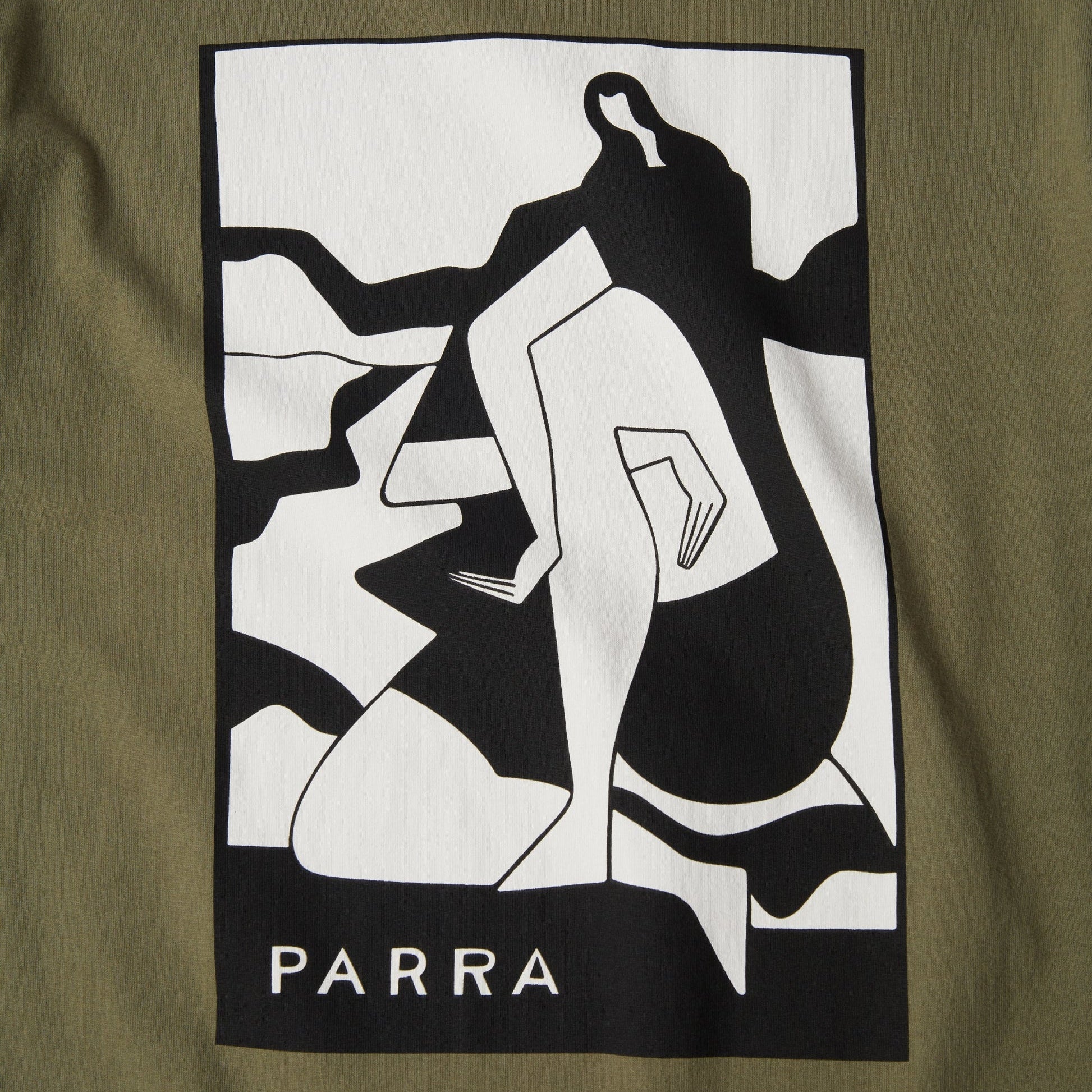 Green t-shirt with a black and white graphic design and 'PARRA' branding.