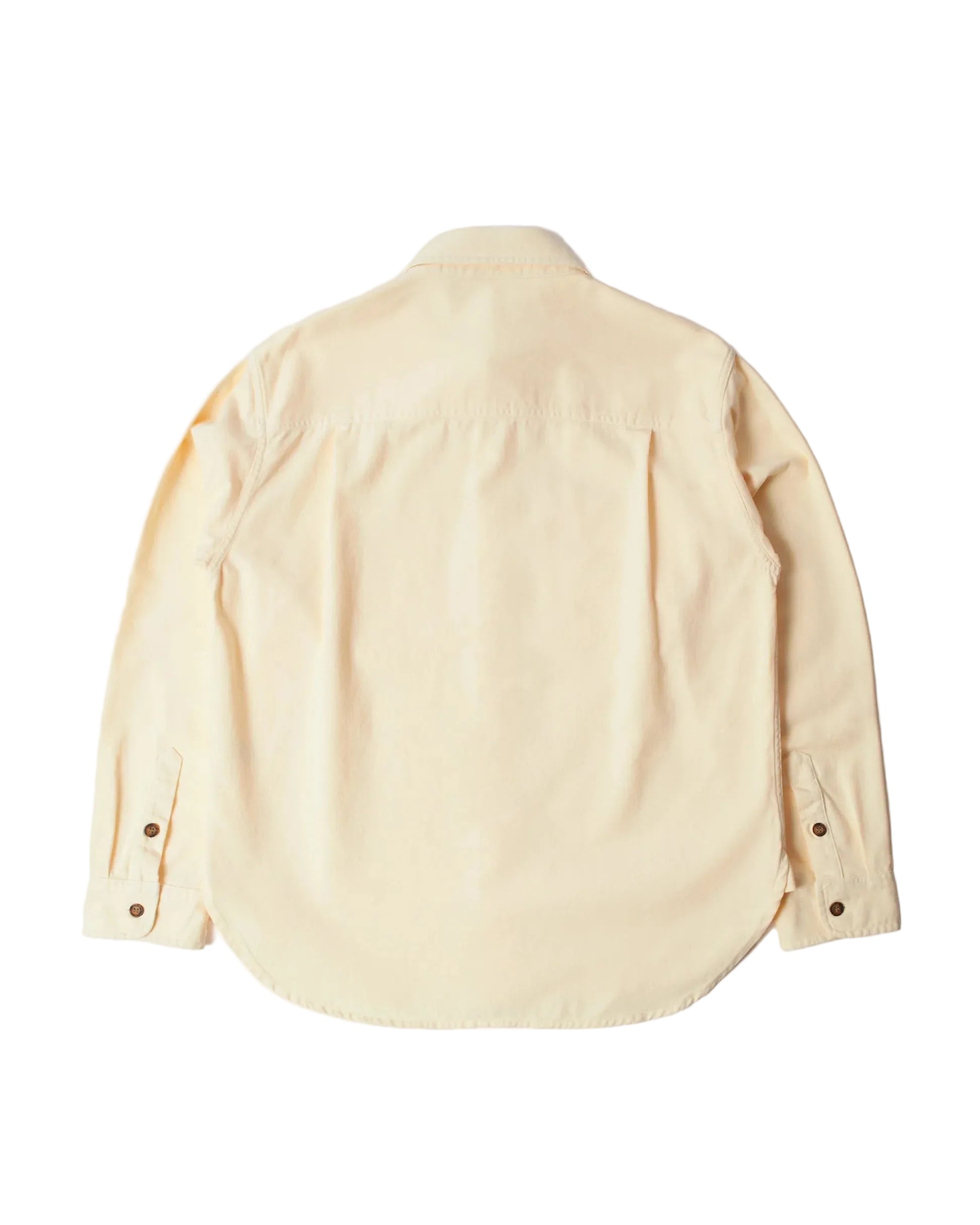 A pale yellow long-sleeve button-up shirt shown from the back, laid flat on a white background.