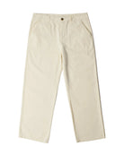 A pair of light cream-colored cotton pants with a button closure and side pockets, laid flat against a light gray background.