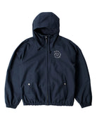 A dark navy blue hooded jacket with a full front zipper, elastic cuffs and hem, and a white circular graphic logo on the left chest, displayed flat against a white background.