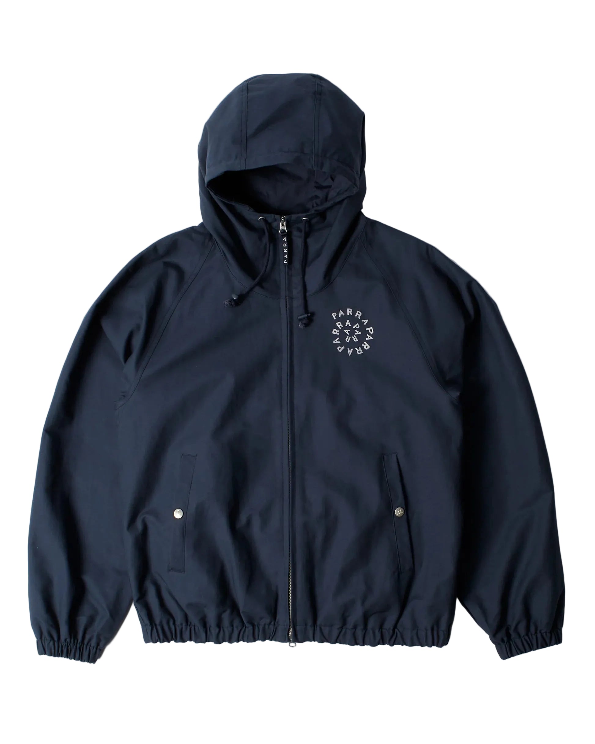 A dark navy blue hooded jacket with a full front zipper, elastic cuffs and hem, and a white circular graphic logo on the left chest, displayed flat against a white background.